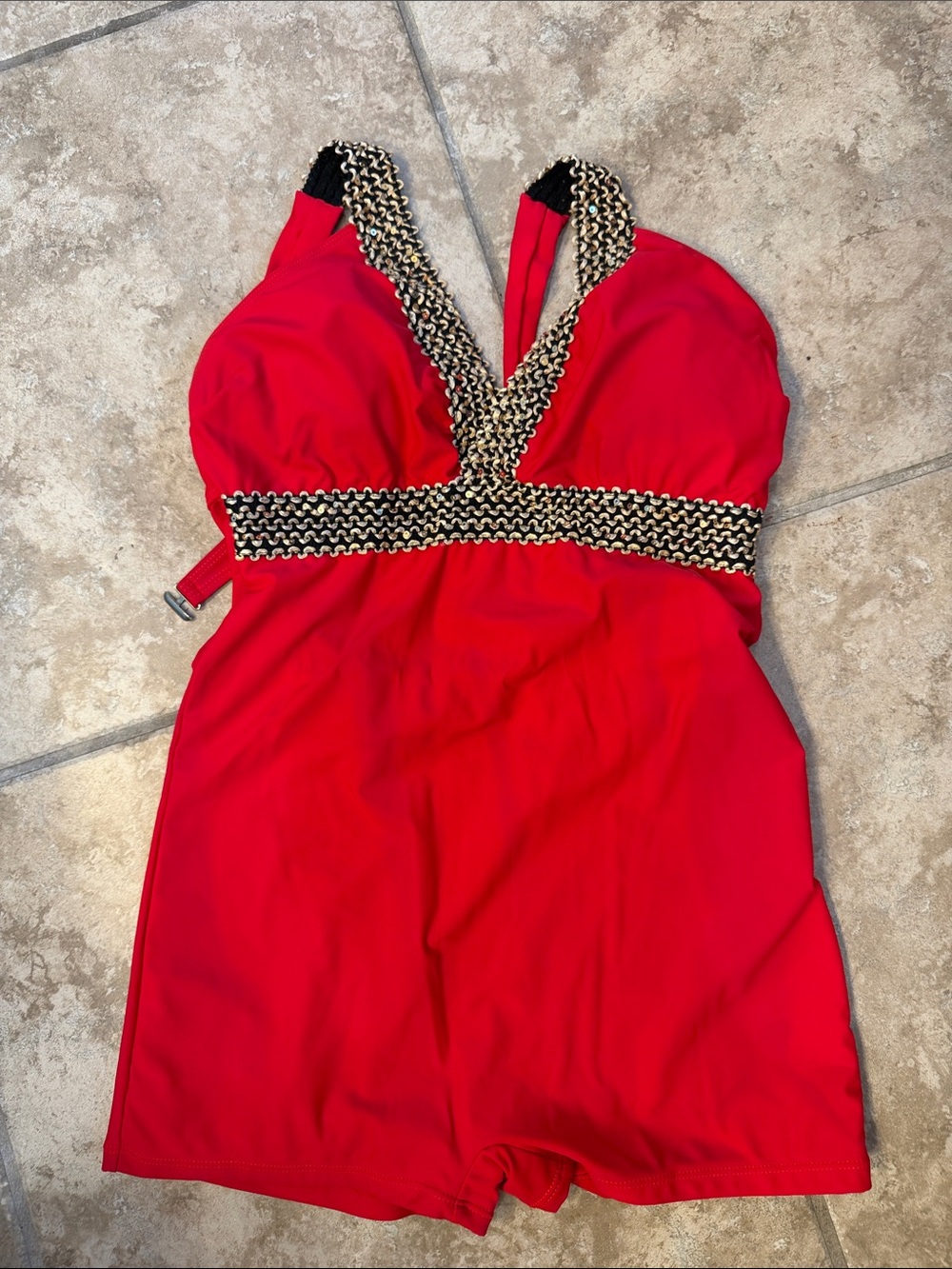 Red V-Neck Romper Dress with Gold Trim